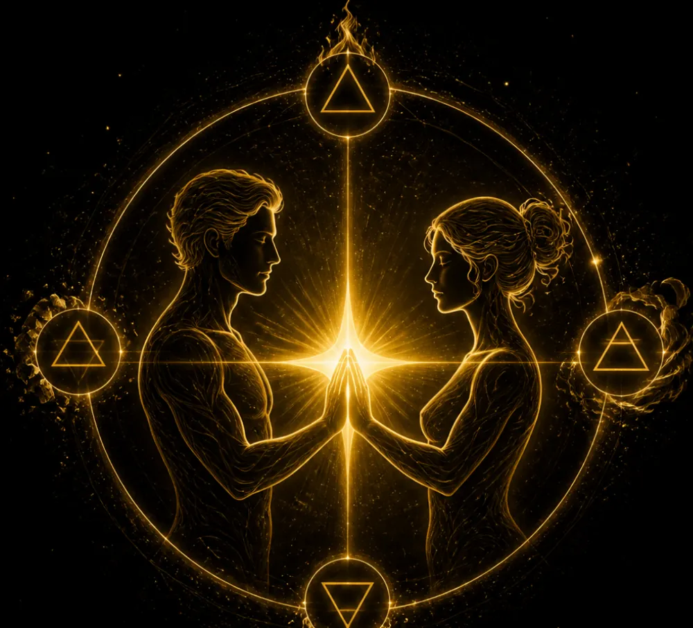 Pareja dorada unida por la luz del quinto elemento