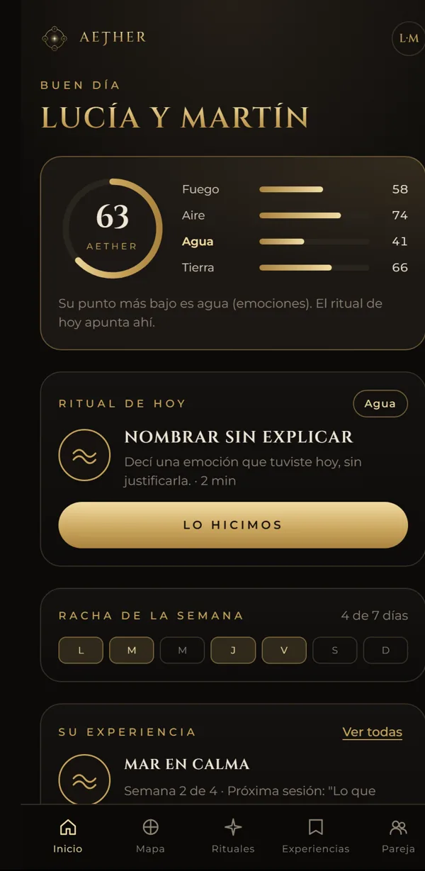 Pantalla de inicio de la app con el puntaje Aether y el ritual del día