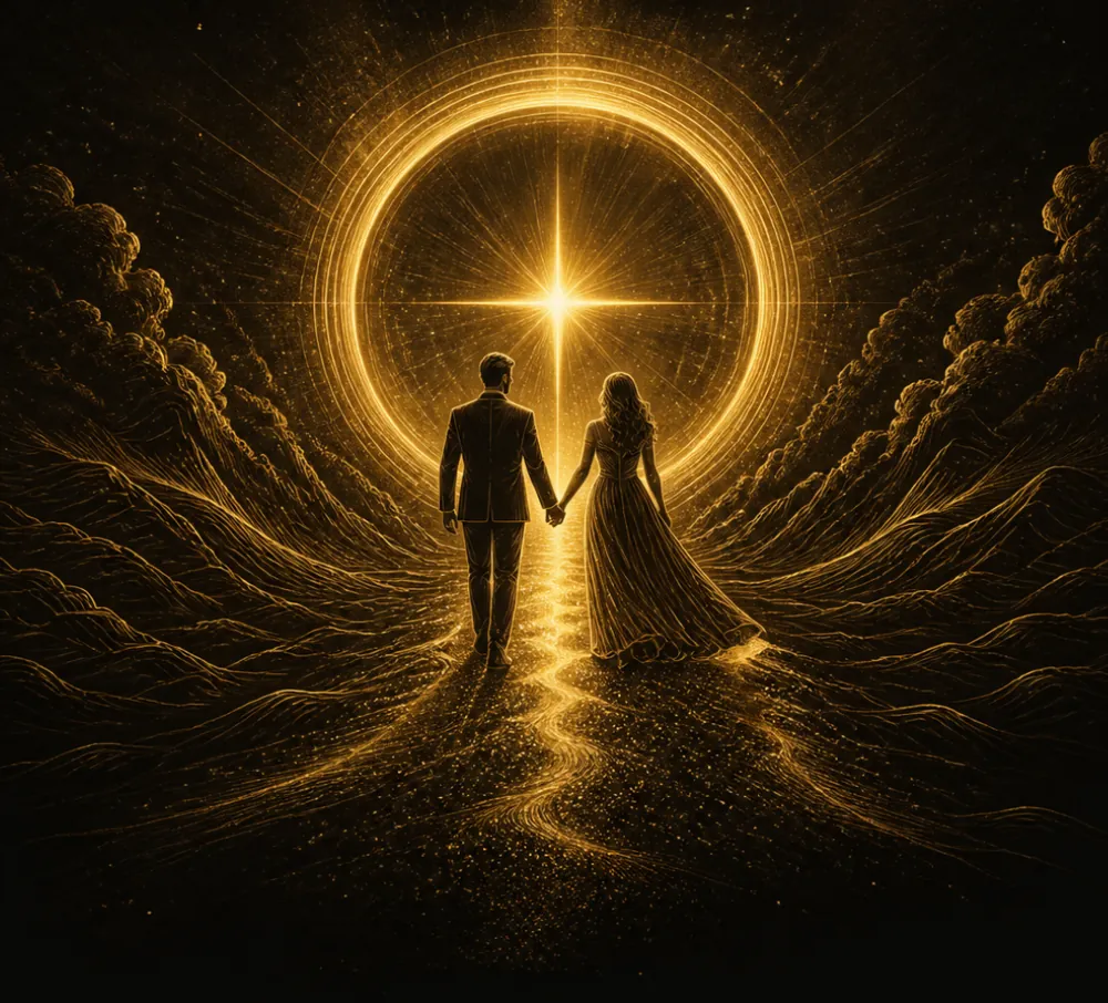 Pareja de la mano caminando hacia un portal de luz dorada